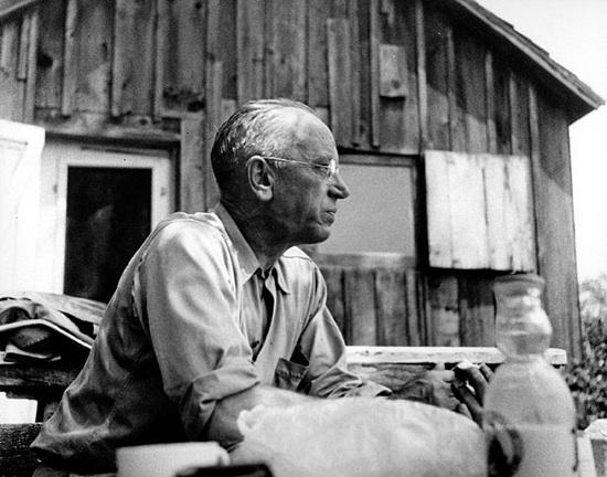 Aldo Leopold at his Salk County shack, around 1940 (photo from Univ of Wisconsin Digital Archives)