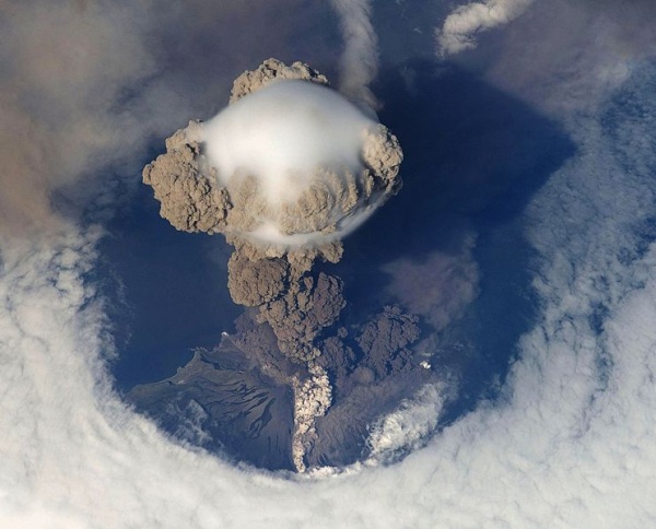 Sarychev Volcano, Matua Island, 12 June 2009 (photo from the International Space Station, NASA, via Wikimedia Commons)