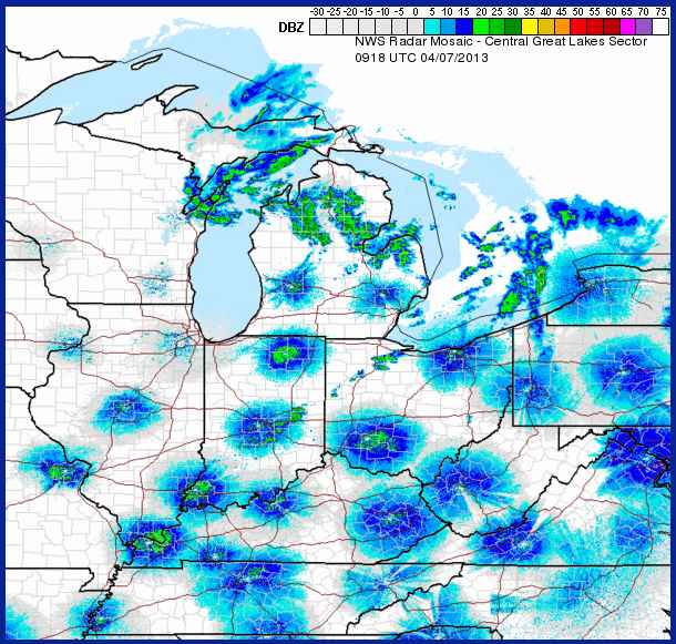 NWS Central Great Lakes radar, 4/7/13, 4:18am (image from the National Weather Service)