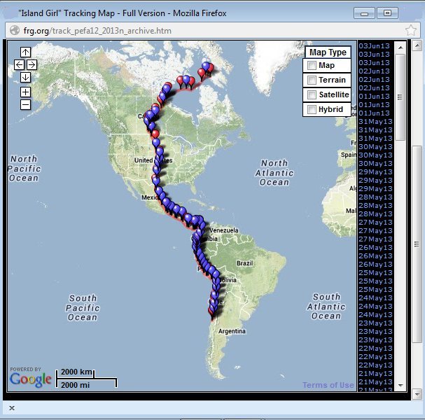 Screen shot of Island Girl's migration tracking map, Spring 2013 (from Southern Cross Peregrine Project)