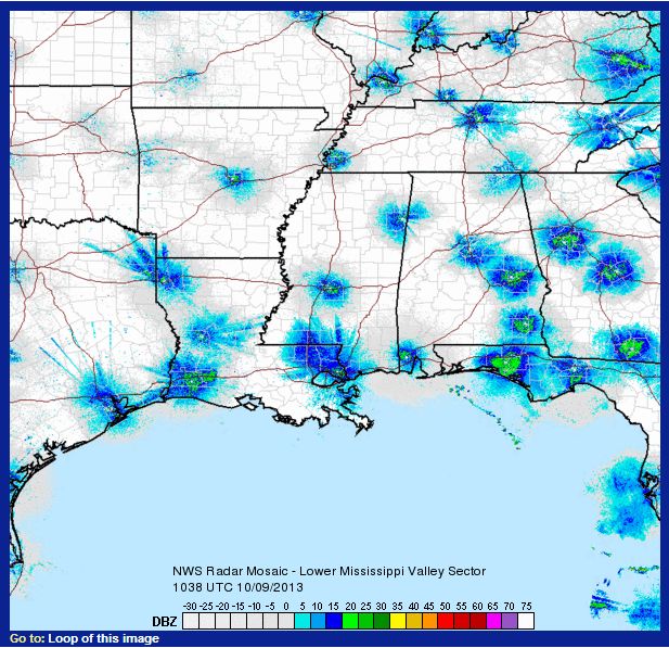 Southern Mississippi Sector weather radar, 9 Oct 2013, 6:38am (image from NOAA)
