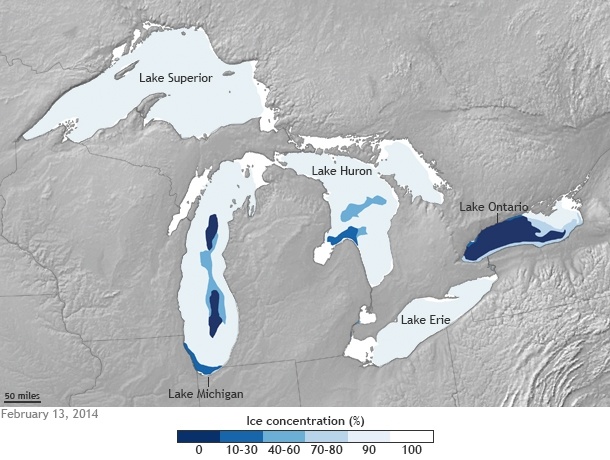 Great Lakes 88% frozen (Map by NOAA Climate.gov, based on data provided by the U.S. Naval Ice Center)