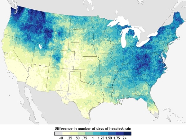 Map predicting change in downpour frequency, 2040-2070 (map from NOAA Climate.gov)