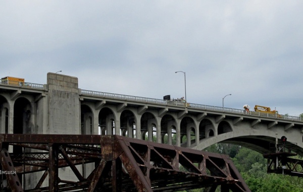 Westinghouse Bridge with PennDOT bucket truck about to look for peregrines' nest (photo by John English)