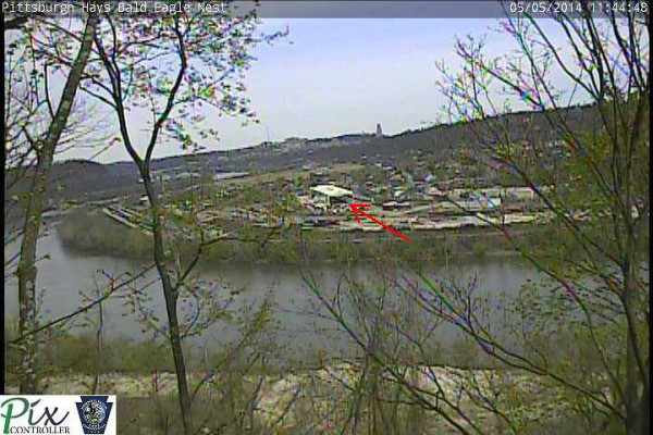 View of rat-infested warehouse across the river from the Hays eagles' nest (photo from PixController)