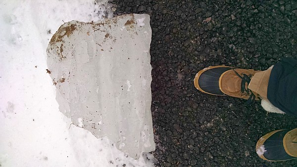 Chunk of fallen icicle for size comparison (photo by Kate St. John)