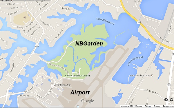 Proximity: Norfolk Botanical Garden, Norfolk International Airport (screenshot from Google Maps. Click on this image to see the map)