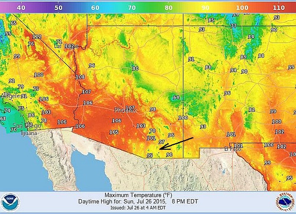 High temperatures in Arizona, 26 July 2015 (image from NOAA National Weather Service)