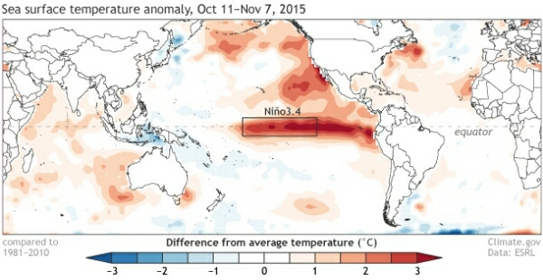 Seas surface temperature anomaly, Oct 11 - Nov 7, 2015 (image from climate.gov)