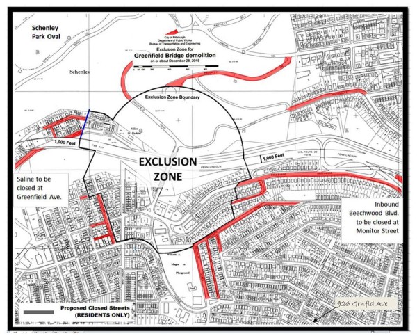 Map of the Exclusion Zone around the implosion (distributed by City of Pittsburgh)