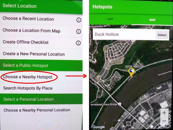 eBird Mobile: Choose a nearby hotspot