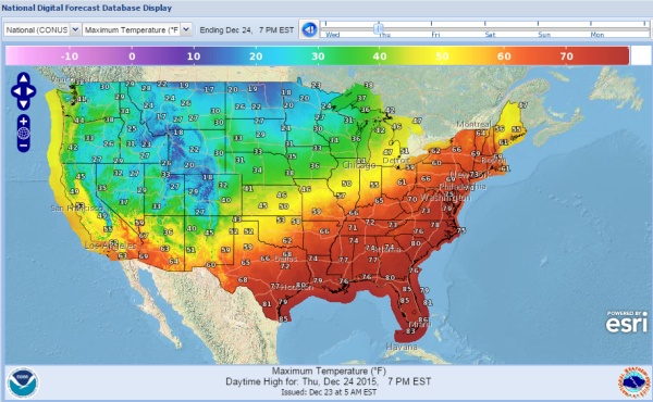 High Temperatures Forecast for contiguous U.S., 24 Dec 2015 (map from National Weather Service)