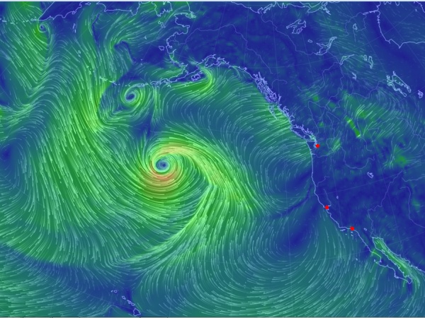 Screenshot of animated Earth Wind Map from earth.nullshoot.net. Click on the image to see the animation. (To help orient you, red dots were added to the map for Seattle, San Francisco and Los Angeles)