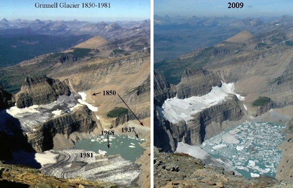 Grinnell Glacier, before and after, 1981 and 2009 (photos from Wikimedia Commons)