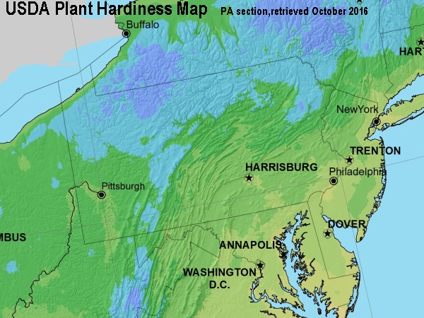 Pennsylvania within the USDA Plant Hardiness Map retrieved October 2016 (map from USDA)