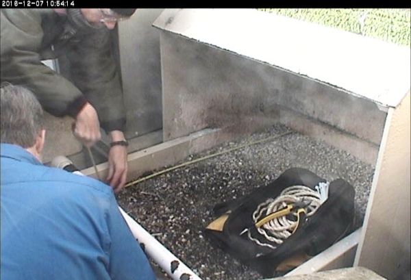 Kate measures the box while Bob unwraps the rope on the front perch (photo from the National Aviary snapshot cam at Univ of Pittsburgh)