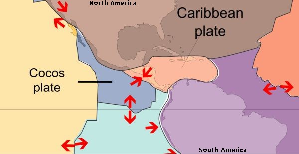 Plate tectonics near Costa Rica (image from Wikimedia Commons)