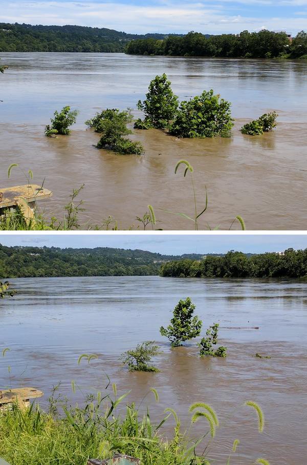 Two photos Monongahela River rising. Duck Hollow mudflat at 2:50p and 4:45p, July 29, 2017