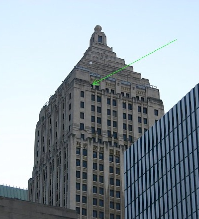 Gulf Tower as seen from Penn Station, with note (photo by Kate St. John)