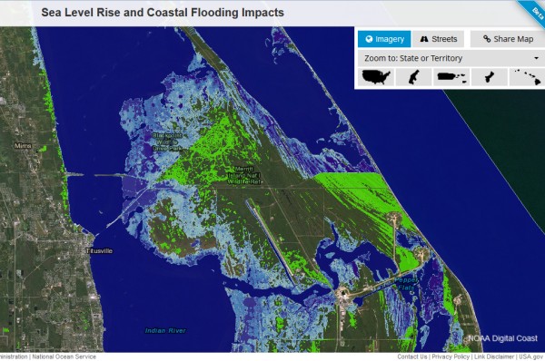 Map of Merritt Island with two feet of sea level rise (screenshot from NOAA Climate Sea Level Mapping Tool)