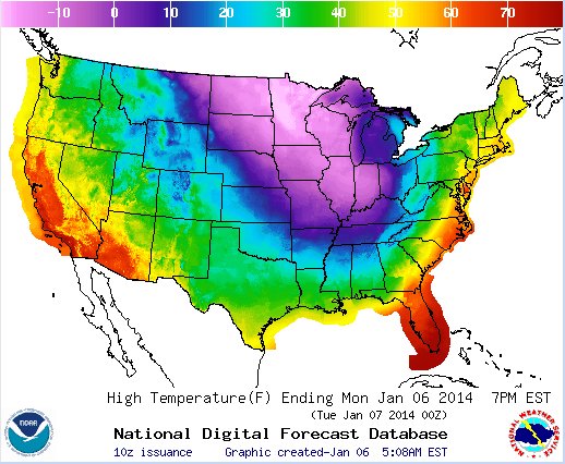 U.S. maximum temperature map for January 6, 2014 (graphic from NOAA)