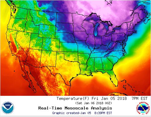 Temperature map of the continental US, 6 Jan 2018 (from NOAA NWS)