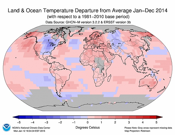 Land & Ocean Temperature Departure From Normal, 2014 (image from NOAA's National Climate Data Center)
