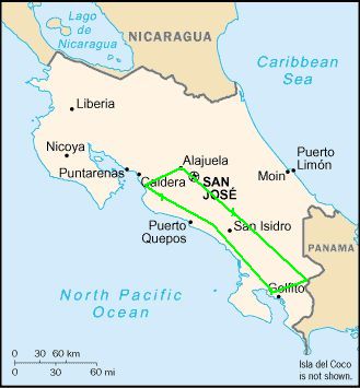 Road Scholar tour route in Costa Rica (image from Wikimedia Commons, altered to show route in green)