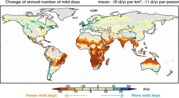 Change in Number of Mild Weather Days by 2090 (map from Van der Wiel/ NOAA/ Princeton)