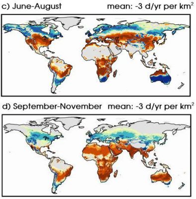 Changes in the number of mild weather days by season by 2090 (map from Van der Wiel/ NOAA/ Princeton)