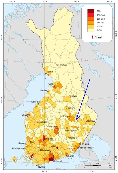 The area where we stayed in Finland (population map of Finland from Wikipedia, annotated)