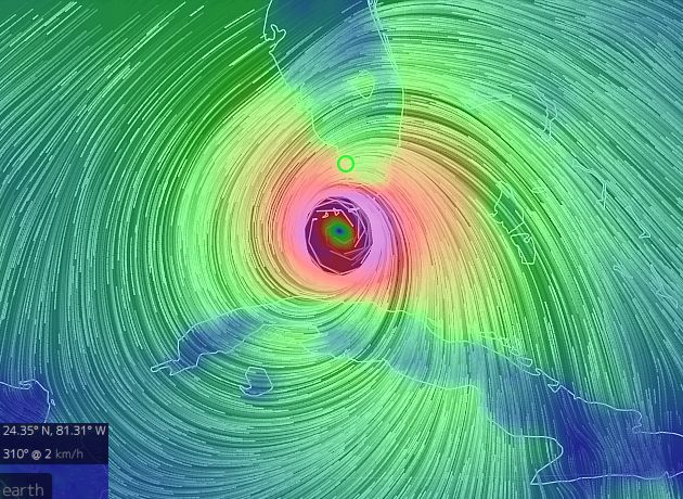 Visualization of Hurricane Irma wind, 10 Sept 2017, 5am (screenshot from the "earth" wind map)