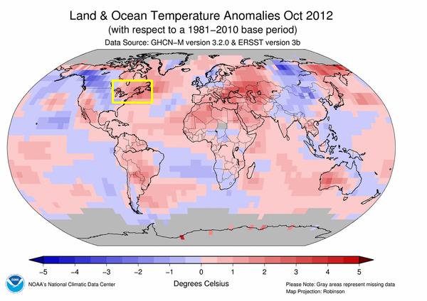 Land & Ocean Temperature Anomalies, 1981-2010, NOAA (image from NOAA) Yellow square shows region of the hawk migration study.