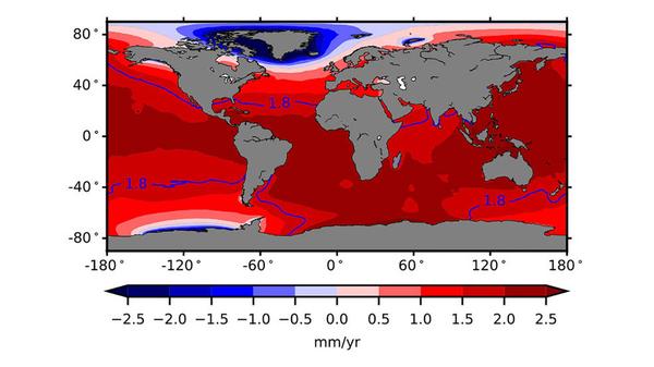 Sea level fingerprints (patterns of variation in sea level rise) calculated from GRACE satellite observations, 2002-2014. The blue contour (1.8 millimeters per year) shows the average sea level rise if all the water added to the ocean were spread uniformly around Earth. Image credit: NASA/UCI