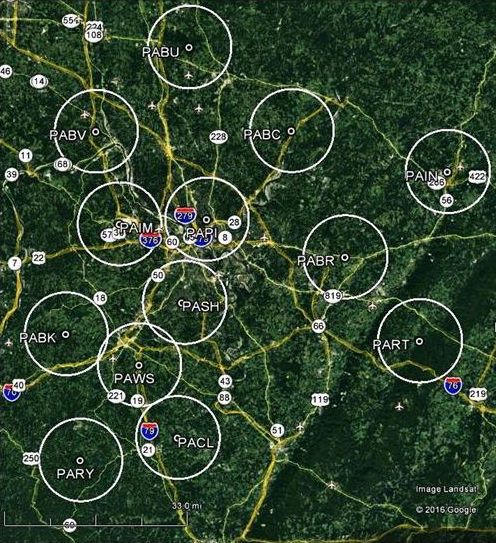 Map of Christmas Bird Count Circles near Pittsburgh, PA (from Bob Mulvihill at the National Aviary)