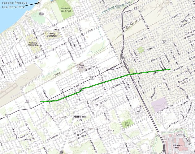 Map of tornado path in Erie, PA on 5 Nov 2017 (map from National Weather Service, Cleveland)