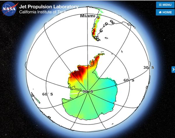 Map of Antarctic and South American glacial contribution to sea level rise in Miami (screenshot from NASA JPL)