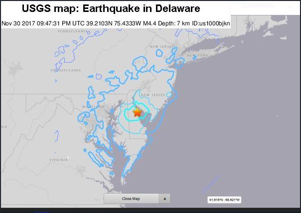 USGS map of 30 Nov 2017 earthquake centered at Bombay Hook, Delaware