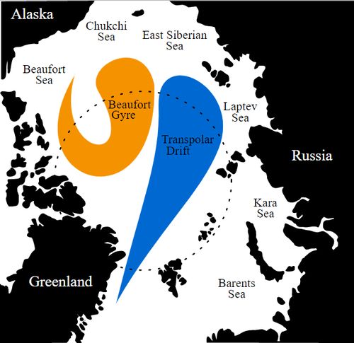 Central Arctic ocean currents (map by Brn-Bld via Wikimedia Commons)