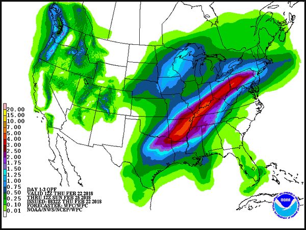 U.S. total precipitation forecast, Days 1-3, beginning Thurs 22 Feb 2018, 12Z (image from National Weather Serive)