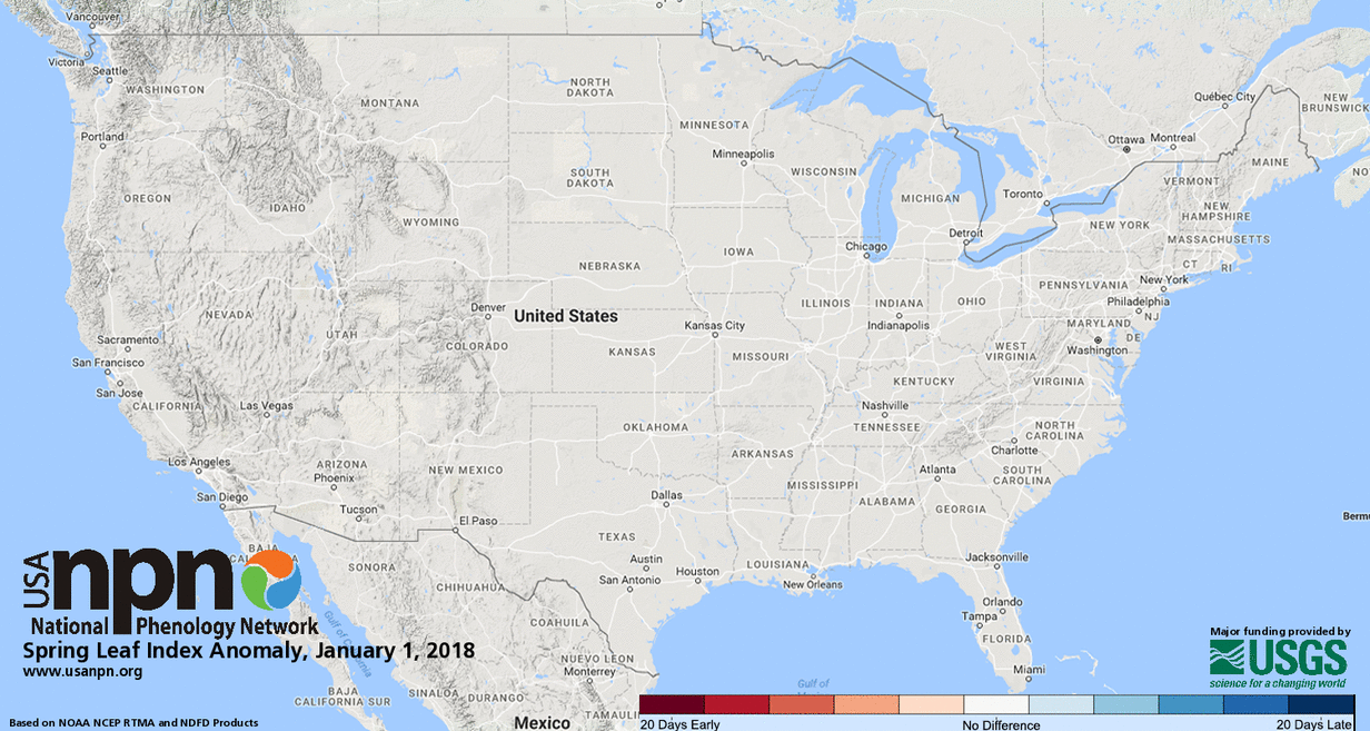 USA National Phenology Network Spring Leaf Anomaly, 30 March 2018 (from usanpn.org)