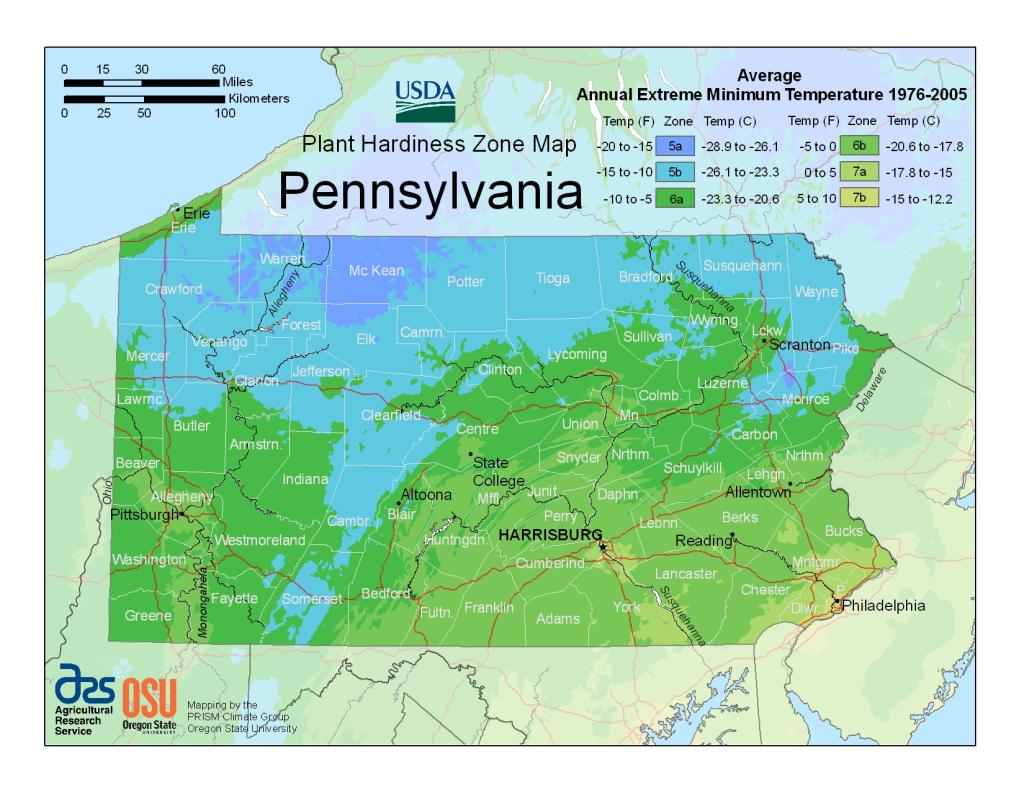 USDA Plant Hardiness Zone map for Pennsylvania as of May 2018 (map from USDA.gov)