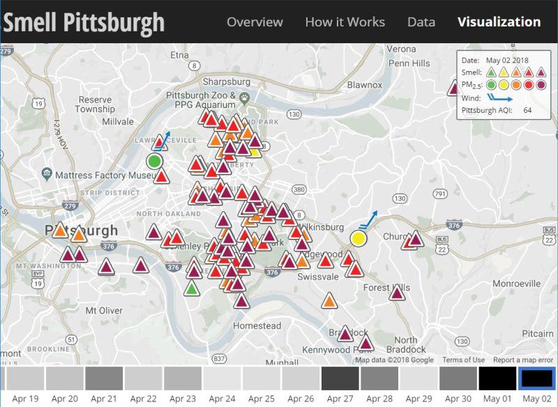 Smelly air in Pittsburgh is marked on the map, 2 May 2018 (screenshot from Smell PGH)