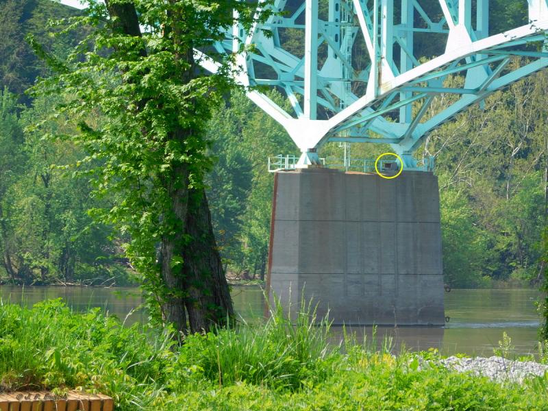 Tarentum Bridge showing peregrine nestbox, 14 May 2018 (photo by John English)